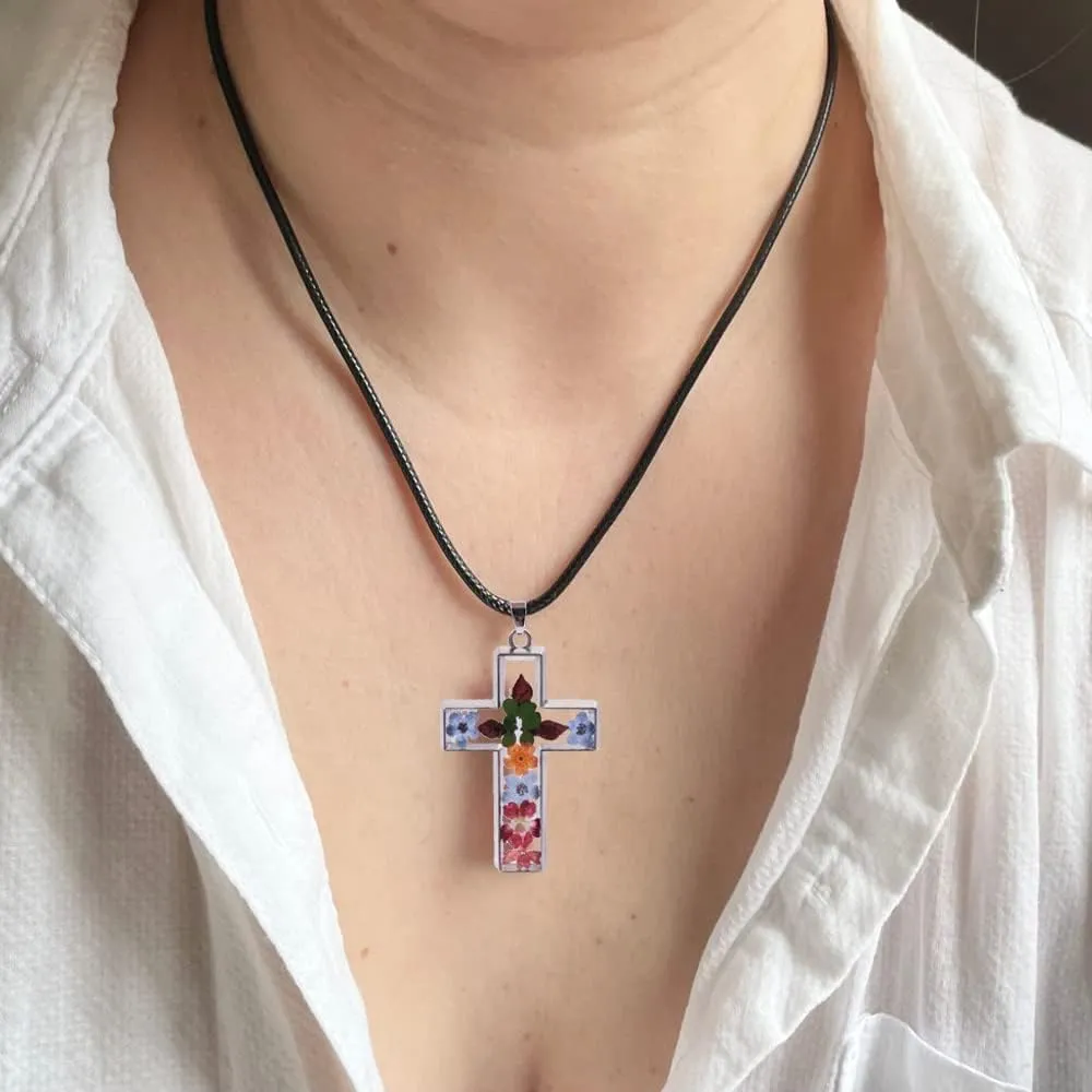 Vonluxy Silver Cross Necklaces for Women-Pressed Flower Cross Pendant Christian Jewelry Necklace Gifts for Women Mother Girls Friends Sister