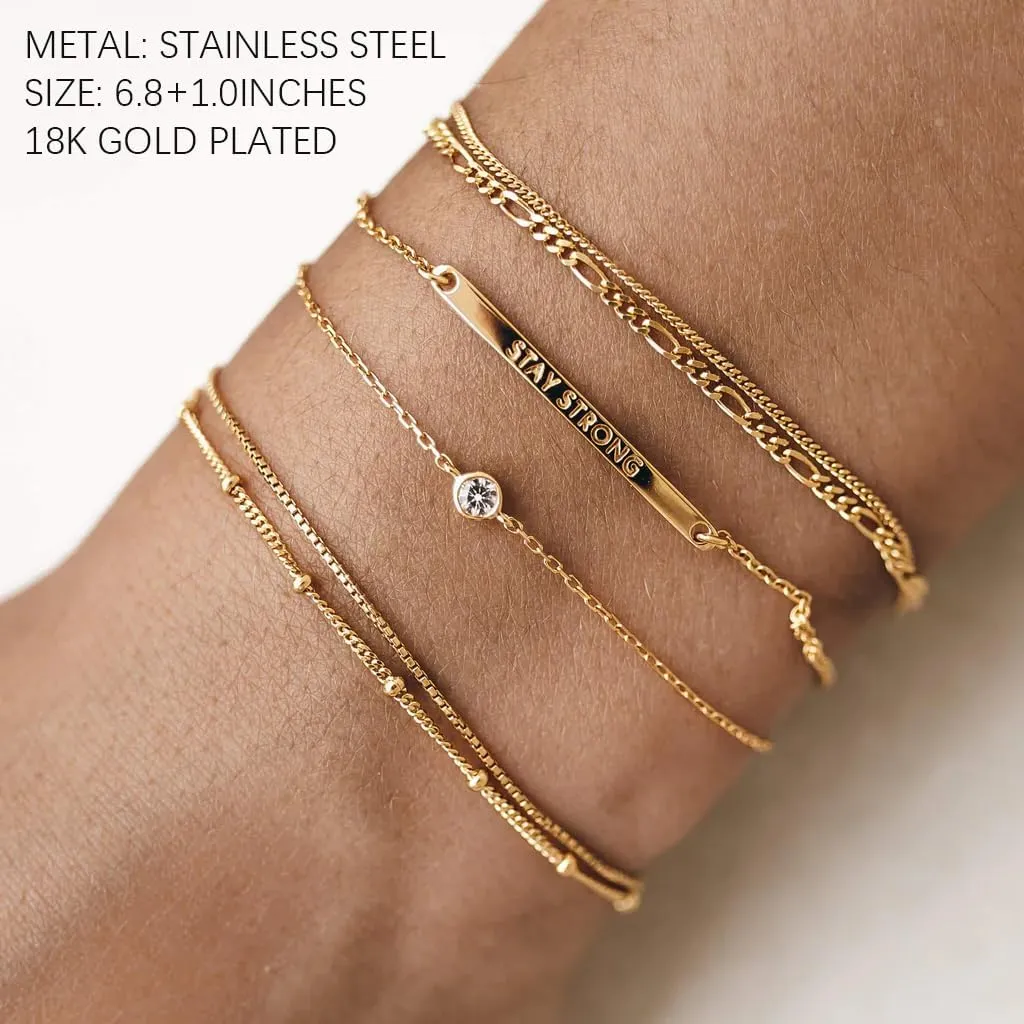 Waterproof 14K Gold Stack Bracelet for Women Non Tarnish,Stainless Steel Chain Dainty Layered Bracelets Inspirational Jewelry Gift for Women