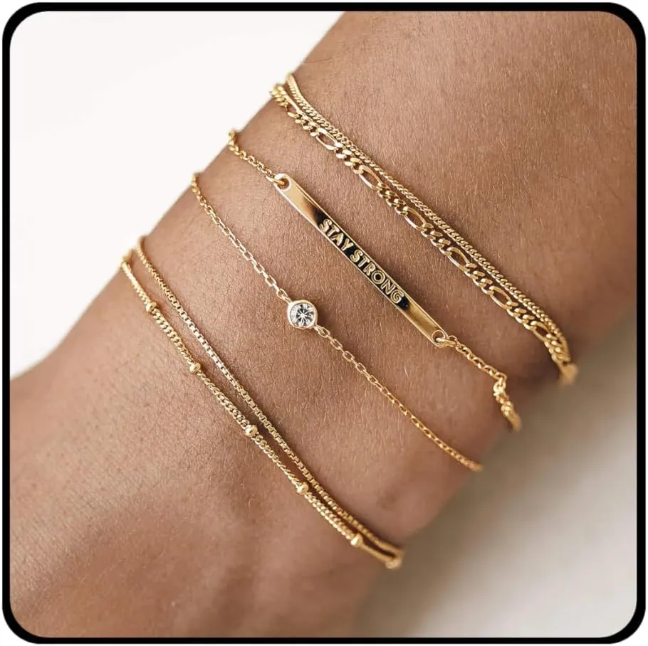 Waterproof 14K Gold Stack Bracelet for Women Non Tarnish,Stainless Steel Chain Dainty Layered Bracelets Inspirational Jewelry Gift for Women