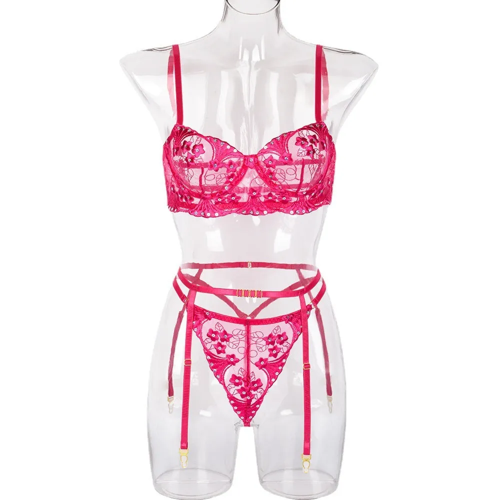 Women's Embroidery Flower Sequin Three-Piece Set with Steel Ring