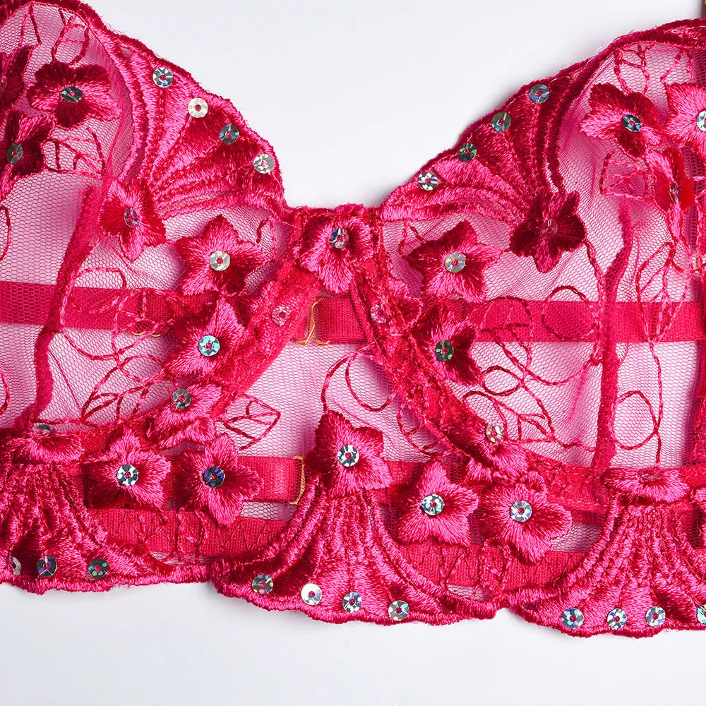 Women's Embroidery Flower Sequin Three-Piece Set with Steel Ring
