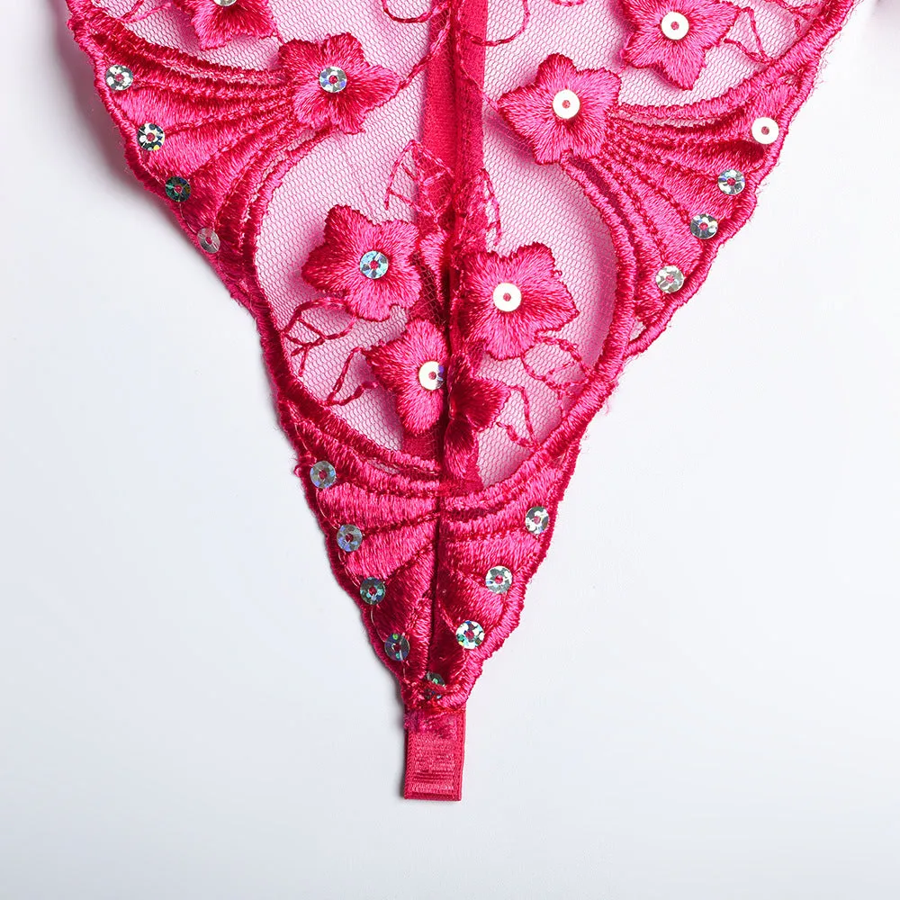 Women's Embroidery Flower Sequin Three-Piece Set with Steel Ring