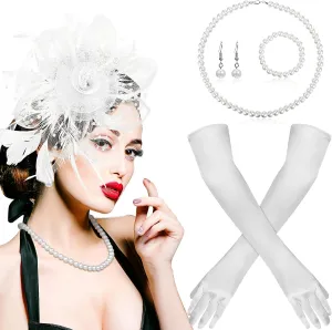 Yaomiao 5 Piece Tea Party Accessories,1920s Fascinators Hat and Gloves for Women Derby Feather Headband Pearl Jewelry
