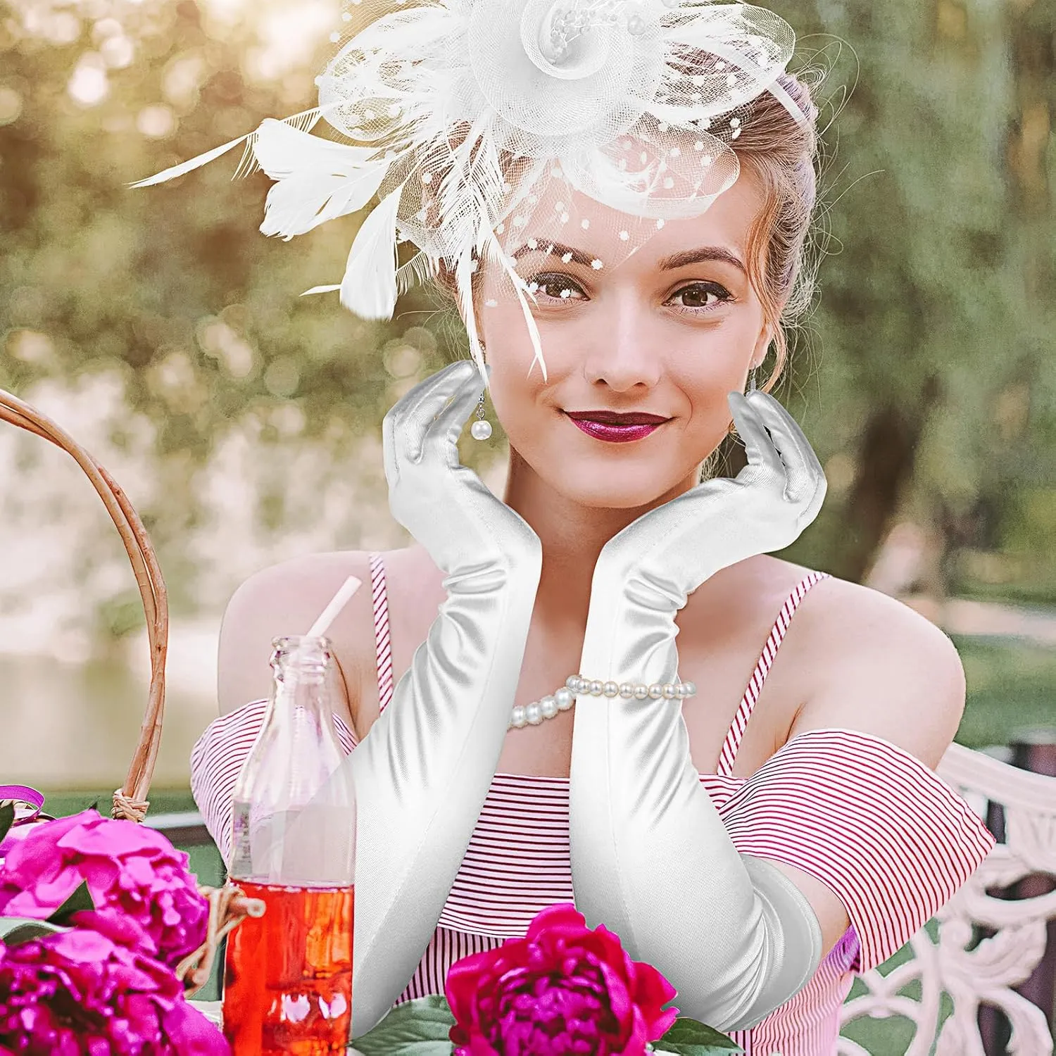 Yaomiao 5 Piece Tea Party Accessories,1920s Fascinators Hat and Gloves for Women Derby Feather Headband Pearl Jewelry