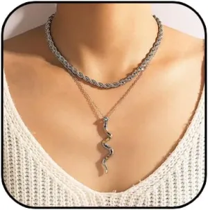 YOOESTORES82 Punk Chain Rhinestone Snake Necklace, Layered Pendant Bohemian Vintage Collarbone Chain Necklace for Women Party Jewelry