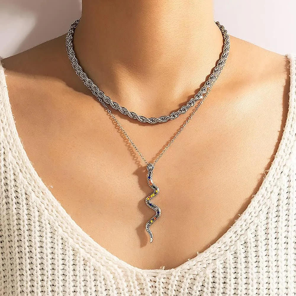YOOESTORES82 Punk Chain Rhinestone Snake Necklace, Layered Pendant Bohemian Vintage Collarbone Chain Necklace for Women Party Jewelry