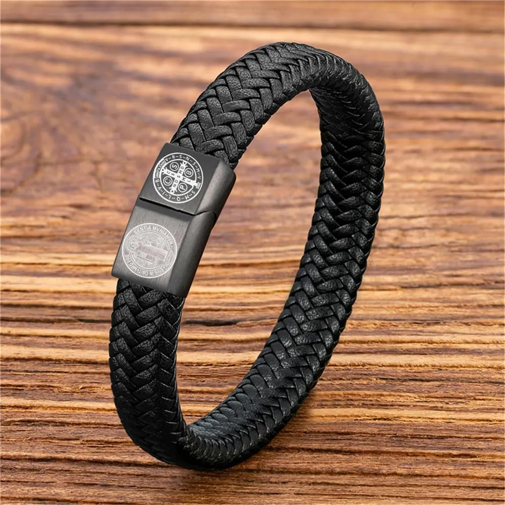 ZKXXJ Saint Benedict Bracelet for Men,Handmade Leather San Benito Cuff Bracelets Benedictine Serenity Blessing Bangle The Patron Saint Benedict Jewelry Inspirational Religious Gift for Him