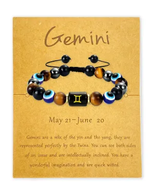 Zodiac Triple Protection Bracelet Evil Eye Hematite Obsidian Tiger Eye Chakra Healing Crystal Bead for Men Women Good Luck Spiritual Jewelry (Gemini bracelet, 12 Zodianc, 10mm)