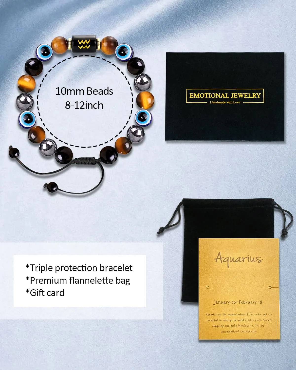 Zodiac Triple Protection Bracelet Evil Eye Hematite Obsidian Tiger Eye Chakra Healing Crystal Bead for Men Women Good Luck Spiritual Jewelry (Gemini bracelet, 12 Zodianc, 10mm)