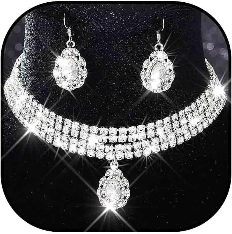 Zoestar Rhinestone Choker Necklace Jewelry Set Silver Wedding Layered Necklace with Earrings Sets for Women